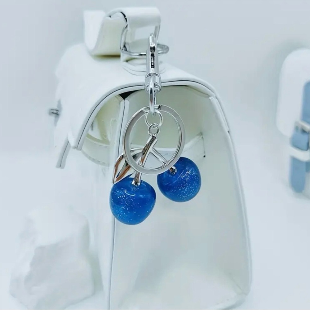 Cherries Blue & Silver Bag Charm Keychain, NEW - Picture 4 of 6